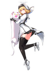 Rule 34 | 1girl, :3, absurdres, alternate hair color, angry, animal, ankle ribbon, ascot, ass, belt, black ascot, black belt, black gloves, black shirt, black skirt, black thighhighs, blonde hair, blush, cat, closers, clothes lift, coif, collared shirt, spiked halo, from side, full body, gloves, habit, halo, highres, holding, holding animal, holding cat, jacket, juliet sleeves, jumping, leg ribbon, leg up, long sleeves, longcat (meme), looking at viewer, luna aegis (closers), mary janes, meme, miniskirt, nun, official art, open mouth, pink eyes, pleated skirt, puffy sleeves, ribbon, sharp teeth, shirt, shoes, short hair, simple background, skirt, skirt lift, smile, solo, tachi-e, teeth, thighhighs, turning head, white background, white cat, white footwear, white halo, white headwear, white jacket, white ribbon, wind, wind lift, wing collar, zettai ryouiki