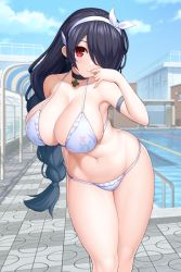 Rule 34 | 1girl, alternate costume, arm behind back, asamura hiori, bare arms, bare legs, bare shoulders, bell, bikini, black hair, blue archive, blue sky, blush, braid, breasts, building, choker, cloud, collarbone, cross, cross earrings, cross necklace, day, earrings, hair over one eye, hairband, highres, hinata (blue archive), hinata (swimsuit) (blue archive), jewelry, large breasts, long hair, looking at viewer, navel, necklace, outdoors, pool, poolside, red eyes, ribbon, single braid, skindentation, sky, smile, solo, standing, string bikini, swimsuit, very long hair, white bikini, white ribbon