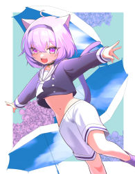Rule 34 | 1girl, :3, ahoge, animal collar, animal ears, blue hair, border, cat ears, cat girl, cat tail, collar, cowboy shot, crop top, crossed bangs, fang, flower, hairband, hands up, highres, hololive, long sleeves, looking at viewer, medium hair, midriff, navel, nekomata okayu, nekomata okayu (casual), omu omelette, open mouth, outside border, outstretched arms, purple eyes, purple shirt, sailor collar, shirt, shorts, sidelocks, smile, solo, tail, umbrella, virtual youtuber, white shorts, wrist cuffs