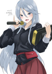 Rule 34 | 1girl, amasora taichi, black shirt, blouse, blue eyes, casual, character name, commentary, dated, flint (girls und panzer), girls und panzer, highres, holding, holding microphone, long hair, long sleeves, looking at viewer, microphone, no headwear, one-hour drawing challenge, pinky out, pleated skirt, pouch, red background, red skirt, sailor collar, shirt, silver hair, simple background, skirt, solo, standing, tablet pc, translated, twitter username, white background