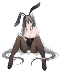 Rule 34 | 1girl, animal ears, bare shoulders, black leotard, black pantyhose, breasts, brown hair, cameltoe, cleavage, collarbone, detached collar, double v, fake animal ears, hair between eyes, hands up, knees up, large breasts, leotard, long hair, looking at viewer, luse maonang, original, pantyhose, playboy bunny, purple eyes, rabbit ears, rabbit tail, resolution mismatch, sidelocks, sitting, sleeveless, smile, solo, source larger, tail, v, white background, yuuki nanase