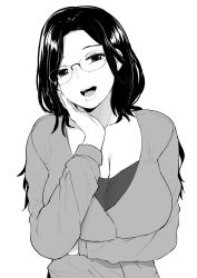 Rule 34 | 1girl, arm under breasts, black hair, breasts, cleavage, commentary, commission, english commentary, glasses, greyscale, hand on own cheek, hand on own face, highres, large breasts, long hair, long sleeves, looking at viewer, mature female, mole, mole under eye, monochrome, norman maggot, open mouth, original, simple background, sweater, white background