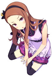 Rule 34 | 10s, 1girl, absurdres, black thighhighs, brown hair, dress, forehead, from above, frown, hairband, highres, idolmaster, idolmaster (classic), idolmaster 2, kuroboshi kouhaku, long hair, looking up, minase iori, open mouth, purple eyes, simple background, sitting, solo, thighhighs, white background, yokozuwari