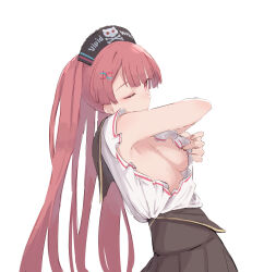 Rule 34 | 1girl, ;|, black skirt, blunt bangs, breasts, commentary request, from side, hat, highres, konoha (sound voltex), long hair, looking at viewer, masshiromilktea11014, medium breasts, nurse cap, shirt, shirt tucked in, sideboob, sideless outfit, simple background, skirt, solo, sound voltex, very long hair, white background, white shirt