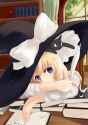 Rule 34 | 1girl, alternate eye color, animal, animal on head, black cat, blonde hair, blue eyes, book, book stack, bookshelf, cat, cat on head, crossed arms, curtains, desk, expressionless, hat, hat ribbon, head rest, indoors, kirisame marisa, long hair, long sleeves, looking at viewer, on head, open book, quill, ribbon, solo, touhou, window, witch hat, wuzhuang caikuangche