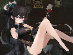 Rule 34 | 1girl, bare legs, black dress, black gloves, black hair, blue archive, breasts, butterfly hair ornament, china dress, chinese clothes, coat, commentary, cup, doodle sensei (blue archive), double bun, dragon print, dress, drinking glass, foot out of frame, gloves, grey eyes, hair bun, hair ornament, halo, highres, kisaki (blue archive), knee up, legs, long hair, long legs, looking at viewer, print dress, quanquan, sensei (blue archive), sleeveless, sleeveless dress, small breasts, solo, striped, striped coat, thighs, twintails, vertical-striped coat, wine glass