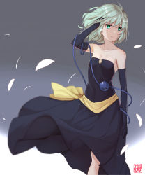 Rule 34 | 1girl, black dress, black gloves, breasts, cleavage, collarbone, dress, elbow gloves, floating hair, gloves, goemon1110, green eyes, grey background, hand in own hair, highres, komeiji koishi, long dress, petals, short hair, silver hair, sleeveless, sleeveless dress, small breasts, solo, standing, strapless, strapless dress, touhou, wind, wind lift