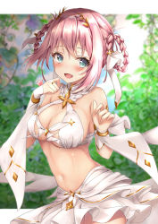 Rule 34 | 1girl, bare shoulders, blurry, blurry background, blush, braid, braided hair rings, breasts, cowboy shot, fang, foreshortening, hair ribbon, hair rings, hands up, highres, large breasts, looking at viewer, navel, official alternate costume, open mouth, princess connect!, ribbon, rumiko (rmeco), skin fang, skirt, smile, solo, tongue, white skirt, yui (ceremonial) (princess connect!), yui (princess connect!)