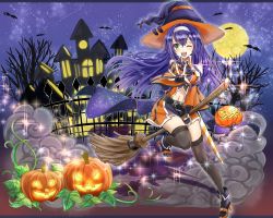 Rule 34 | 1girl, absurdres, bad id, bad pixiv id, bat (animal), belt, black gloves, black thighhighs, blue hair, broom, clothing cutout, detached sleeves, fingerless gloves, fire emblem, fire emblem: path of radiance, fire emblem heroes, full moon, gloves, green eyes, halloween costume, hat, headband, highres, huge filesize, jack-o&#039;-lantern, leg up, long hair, mia (fire emblem), moon, navel, navel cutout, night, night sky, nintendo, one eye closed, open mouth, sky, solo, star (sky), thighhighs, tree, vuja3758, white headband, witch hat