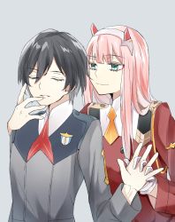 Rule 34 | 1boy, 1girl, ascot, black hair, blue eyes, darling in the franxx, closed eyes, facing viewer, gloves, grey background, headband, hetero, hiro (darling in the franxx), holding hands, horns, kiki0001616, light smile, long hair, long sleeves, looking at another, military, military uniform, oni horns, orange ascot, red horns, uniform, white gloves, white headband, zero two (darling in the franxx)