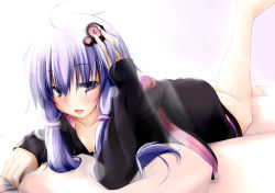 Rule 34 | 1girl, ahoge, barefoot, blush, dd mayohara, hair ornament, jacket, legs up, long hair, looking at viewer, lying, on stomach, open mouth, purple eyes, purple hair, smile, solo, twintails, vocaloid, voiceroid, yuzuki yukari
