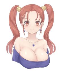 Rule 34 | 1girl, bare shoulders, breasts, cleavage, collarbone, dragon quest, earrings, highres, jessica albert, jewelry, large breasts, long hair, looking at viewer, necklace, orange hair, smile, twintails