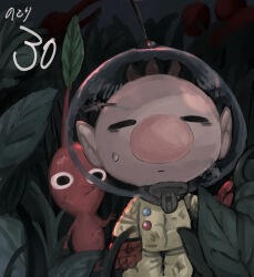 Rule 34 | 1boy, bags under eyes, big nose, black eyes, blush, brown hair, buttons, closed eyes, closed mouth, colored skin, commentary request, countdown, crack, cracked glass, dirty, dirty clothes, gloves, helmet, highres, injury, leaf, looking at another, male focus, nintendo, no mouth, olimar, outdoors, outstretched hand, pikmin (creature), pikmin (series), pointy nose, radio antenna, red gloves, red pikmin, red skin, short hair, space helmet, spacesuit, straight-on, sweatdrop, usuba (hatomugip), very short hair, whistle