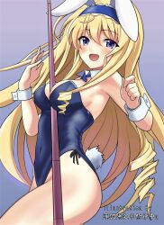 Rule 34 | 1girl, animal ears, bare legs, between breasts, blonde hair, blue background, blue eyes, blue leotard, blue ribbon, breasts, bunny day, cecilia alcott, cowboy shot, cue stick, detached collar, gradient background, highres, infinite stratos, leotard, long hair, medium breasts, neck ribbon, playboy bunny, rabbit ears, rabbit tail, ribbon, side-tie leotard, smile, solo, strapless, strapless leotard, tail, usuba kagerou, wrist cuffs