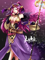 Rule 34 | 1girl, absurdres, bare shoulders, belt, blush, braid, breasts, cleavage, detached sleeves, dress, earrings, english text, feather trim, fire emblem, fire emblem heroes, garter straps, gold trim, hair ornament, hat, highres, holding, holding staff, jewelry, large breasts, light particles, lips, loki (fire emblem), long hair, looking at viewer, magic, nintendo, open mouth, parted lips, pink belt, plunging neckline, purple dress, purple eyes, purple hair, reriri, revealing clothes, side slit, simple background, smile, solo, staff