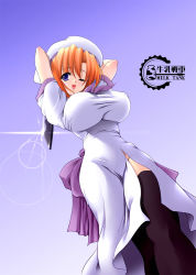 Rule 34 | 00s, 1girl, alternate breast size, arms behind head, arms up, billhook, black thighhighs, breasts, dress, gunner-l, hat, hatchet, higurashi no naku koro ni, huge breasts, impossible clothes, impossible dress, nata (tool), no panties, one eye closed, ryuuguu rena, side slit, solo, taut clothes, taut dress, thighhighs, tight clothes, white hat, wink