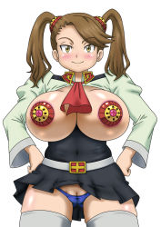 Rule 34 | 1girl, breasts, brown eyes, brown hair, curvy, gundam, gundam build fighters, gundam build fighters try, hair ornament, hairclip, highres, large breasts, light smile, looking at viewer, nipples, panties, plump, sazaki kaoruko, school uniform, simple background, smile, solo, thick thighs, thighhighs, thighs, twintails, underwear, white background