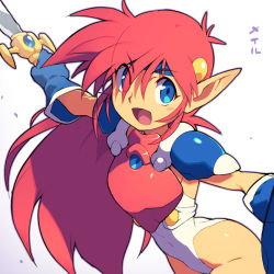 Rule 34 | 1girl, armor, blue eyes, breastplate, cowboy shot, eyes visible through hair, gloves, leotard, long hair, mail (popful mail), metata, pauldrons, pointy ears, popful mail, red hair, shoulder armor, solo, sword, very long hair, weapon