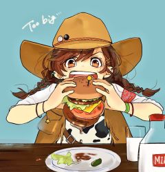 Rule 34 | 1girl, animal print, armband, belt, blue background, bottle, bracelet, braid, brown eyes, brown hair, brown hat, burger, cow print, cowboy hat, eating, english text, food, frown, glass, hair ornament, hairclip, hat, hat ornament, highres, holding, holding food, jacket, jewelry, leather, leather jacket, looking at viewer, milk, milk bottle, open mouth, original, plate, sako (35s 00), simple background, sleeves rolled up, solo, star (symbol), sweatdrop, table, twin braids