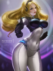 Rule 34 | 1girl, armor, blonde hair, blue eyes, bodysuit, boobplate, breastplate, breasts, covered navel, cowboy shot, headset, large breasts, lolliedrop, narrow waist, nova (starcraft), pointing, pointing at viewer, signature, skin tight, starcraft, tagme, thick thighs, thighs, v-shaped eyebrows, wide hips