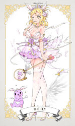 Rule 34 | 1girl, ;p, animal ears, armlet, blonde hair, blush, border, bracelet, breasts, bug, butterfly, character name, cleavage, creature, crossed arms, dress, earrings, english text, finger to mouth, flower, full body, garter straps, grey border, hair flower, hair ornament, heart, high heels, highres, holding, holding staff, insect, jewelry, lace, lace-trimmed legwear, lace trim, large breasts, love live!, love live! school idol festival, love live! sunshine!!, medium hair, o-ring, ohara mari, one eye closed, pinky out, purple flower, qianqian, ribbon, solo, staff, standing, thighhighs, tiara, tongue, tongue out, white thighhighs, yellow eyes
