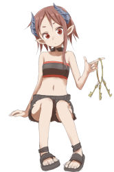 Rule 34 | 1girl, bandeau, brown hair, collar, full body, highres, horns, key, looking at viewer, midriff, navel, original, pointy ears, red eyes, sandals, short hair, short hair with long locks, shorts, simple background, sitting, solo, white background, yamamoto souichirou