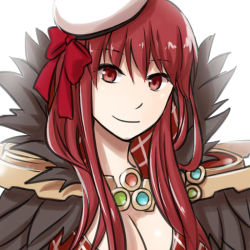 Rule 34 | 1girl, argyle, argyle bra, argyle clothes, bow, bra, breasts, cleavage, closed mouth, commentary request, fur collar, hat, hat bow, long hair, looking at viewer, medium breasts, natsuya (kuttuki), ragnarok online, red bow, red bra, red eyes, red hair, sailor hat, simple background, smile, solo, sorcerer (ragnarok online), underwear, upper body, white background, white hat