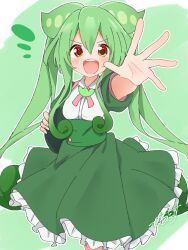 Rule 34 | 1girl, animal ears, bow, bowtie, breasts, frilled skirt, frills, green background, green skirt, green sleeves, highres, light blush, long hair, long sleeves, looking at viewer, open mouth, orange eyes, outline, outstretched hand, pleated skirt, puffy long sleeves, puffy sleeves, reaching, reaching towards viewer, sechin, shirt, sidelocks, signature, skirt, small breasts, smile, solo, teeth, twintails, upper teeth only, voicevox, white outline, white shirt, zundamon