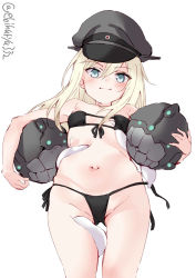 Rule 34 | 1girl, abyssal ship, aged down, bikini, bismarck (kancolle), black bikini, blonde hair, blue eyes, blush, breasts, ebifurya, enemy naval mine (kancolle), eyepatch bikini, hat, highres, holding, kantai collection, long hair, looking at viewer, looking down, military hat, navel, one-hour drawing challenge, peaked cap, simple background, small breasts, solo, string bikini, swimsuit, tentacles, twitter username, white background
