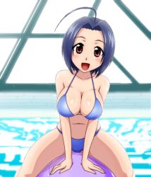Rule 34 | 10s, 1girl, ahoge, animated, animated png, arm support, blue hair, blush, bouncing breasts, breasts, cleavage, collaboration, goriate, idolmaster, idolmaster (classic), idolmaster 2, indoor pool, indoors, inflatable raft, kaze (kazesan), kazesan, large breasts, miura azusa, navel, open mouth, pool, red eyes, rei no pool, riding, shiny skin, short hair, smile, solo