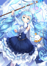 Rule 34 | &gt; o, 1girl, absurdres, animal, arm up, bare shoulders, blue hair, blue skirt, blurry, blurry background, blush, bow, breasts, cane, center frills, closed mouth, commentary request, crown, crystal, depth of field, detached sleeves, earrings, frilled skirt, frills, hair between eyes, hatsune miku, highres, holding, holding cane, holding staff, jewelry, juliet sleeves, long hair, long sleeves, lunacle, medium breasts, mini crown, one eye closed, puffy sleeves, rabbit, shirt, skirt, sleeveless, sleeveless shirt, snowflakes, staff, striped sleeves, tiara, twintails, v-shaped eyebrows, very long hair, vocaloid, white bow, white shirt, yuki miku, yuki miku (2019), yukine (vocaloid)