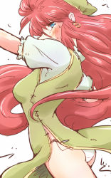 Rule 34 | 1girl, ass, bad id, bad pixiv id, blue eyes, blush, china dress, chinese clothes, dress, earrings, hat, highres, hong meiling, jewelry, long hair, looking at viewer, non (z-art), panties, pantyshot, puffy short sleeves, puffy sleeves, red hair, shirt, short sleeves, side slit, solo, touhou, underwear, upskirt, very long hair, white panties