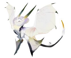 Rule 34 | animal focus, black tail, bug, colored skin, creature, dragon wings, full body, green horns, highres, horns, insect, kamikiririp, leg wings, moth, original, solo, two-tone tail, white background, white skin, wings, yellow horns