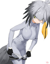 Rule 34 | 10s, 1girl, bird, bird tail, bird wings, black hair, bodystocking, bodysuit, breasts, cowboy shot, dressing, feathered wings, gradient hair, green eyes, head wings, impossible clothes, kemono friends, large breasts, leaning forward, long hair, looking down, low ponytail, multicolored hair, orange hair, shoebill (kemono friends), side ponytail, silver hair, simple background, solo, tail, twintails, wings, yd (orange maru)