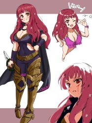 Rule 34 | 1girl, :d, armor, belt, bikini, blood, blood on face, bodysuit, breasts, cape, cleavage, cleavage cutout, closed mouth, clothing cutout, ereka, fire emblem, fire emblem engage, full body, hair ornament, highres, holding, holding knife, holding weapon, knife, large breasts, long hair, nintendo, open mouth, red eyes, red hair, smile, solo focus, star (symbol), star hair ornament, swimsuit, v, weapon, yunaka (fire emblem)