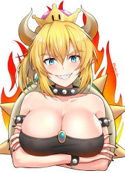 Rule 34 | 1girl, bad id, bad pixiv id, bare shoulders, black nails, blonde hair, blush, bowsette, bracelet, breasts, cleavage, collar, commentary request, crossed arms, crown, earrings, fingernails, fire, grin, hair between eyes, horns, jewelry, kanden sky, large breasts, looking at viewer, mario (series), nail polish, new super mario bros. u deluxe, nintendo, pointy ears, sharp fingernails, sharp teeth, smile, solo, spiked bracelet, spiked collar, spikes, super crown, teeth, twitter username