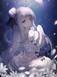 Rule 34 | 1girl, azur lane, bare shoulders, commentary request, dress, elbow gloves, flower, fuyouchu, gloves, hair bun, long hair, looking at viewer, one side up, petals, purple eyes, side bun, silver hair, single hair bun, single side bun, sitting, solo, stuffed animal, stuffed toy, stuffed winged unicorn, unicorn (azur lane), very long hair, white dress, white gloves