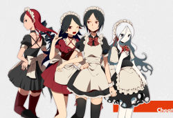 Rule 34 | 4girls, ;d, bad id, bad pixiv id, black eyes, black hair, braid, brown eyes, hands on own hips, harano, locked arms, long hair, maid, maid headdress, multicolored hair, multiple girls, one eye closed, open mouth, original, red hair, red legwear, single braid, smile, thighhighs, two-tone hair, white hair, wink