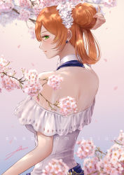 Rule 34 | 1girl, alternate costume, artist name, back, blush, cherry blossoms, closed mouth, commission, dress, earrings, filha, flower, girls&#039; frontline, green eyes, hair bun, hair flower, hair ornament, hand in own hair, highres, jewelry, lips, long hair, looking at viewer, looking to the side, nail polish, orange hair, petals, pink nails, resolution mismatch, single hair bun, skeb commission, smile, solo, source smaller, springfield (girls&#039; frontline), standing, white dress