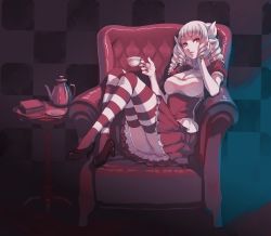 Rule 34 | 1girl, animal ears, armchair, ass, book, breasts, chair, checkered background, cleavage, cup, drill hair, full body, goat girl, hand in own hair, high heels, highres, hikimayu, horns, kettle, large breasts, long hair, original, puffy sleeves, saba no miso ni, saba no misoni (doddosi), shoes, sitting, skirt, socks, solo, striped clothes, striped socks, teacup, teapot