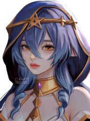 Rule 34 | 1girl, bare shoulders, blue hair, blue hood, close-up, closed mouth, dress, drill hair, drill sidelocks, gem, genshin impact, gold choker, gold trim, hair between eyes, highres, hood, hood up, jewelry, layla (genshin impact), long eyelashes, long hair, looking at viewer, pink lips, pointy ears, portrait, purple gemstone, ringlets, sidelocks, silphori, simple background, sleeveless, sleeveless dress, solo, strapless, white background, yellow eyes
