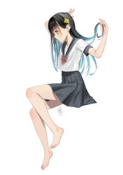 Rule 34 | 1girl, aqua hair, arm up, barefoot, black hair, black skirt, blunt bangs, blush, bow, bowtie, closed mouth, colored inner hair, eyelashes, feet, from side, full body, hair ornament, hand up, highres, invisible chair, legs, long hair, looking to the side, miniskirt, mizo-chan (yamahara), multicolored hair, original, pleated skirt, red bow, red bowtie, school uniform, serafuku, short sleeves, sidelocks, signature, simple background, sitting, skirt, solo, streaked hair, thighs, toenails, toes, white background, yamahara