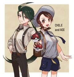 Rule 34 | 2girls, ahoge, bright pupils, brown eyes, brown pants, character name, closed mouth, collared shirt, commentary request, creatures (company), game freak, green hair, grey headwear, hair between eyes, hat, highres, holding, holding poke ball, juliana (pokemon), long hair, multiple girls, necktie, nintendo, pants, poke ball, poke ball (basic), pokemon, pokemon sv, ponytail, rika (pokemon), shirt, shorts, suspenders, wednesday 108, white pupils