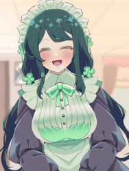 Rule 34 | 1girl, :d, apron, blurry, blush, bow, character request, closed eyes, clover hair ornament, facing viewer, green bow, green hair, hair ornament, highres, indoors, long hair, long sleeves, maid apron, open mouth, puffy long sleeves, puffy sleeves, smile, sunao na kapipara, upper body, virtual youtuber, waitress