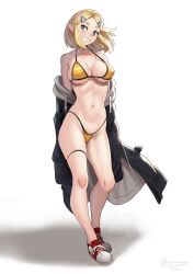 Rule 34 | 1girl, bikini, black jacket, blonde hair, braid, breasts, clothes down, collarbone, commentary request, crown braid, dated, full body, green eyes, grin, hair ornament, hairclip, halterneck, highleg, highleg bikini, highres, jacket, large breasts, long sleeves, looking at viewer, navel, nicomamu, nintendo, open clothes, open jacket, parted bangs, pointy ears, princess zelda, shadow, shoes, short hair, sidelocks, signature, sleeves past fingers, sleeves past wrists, smile, sneakers, solo, spanish commentary, swimsuit, the legend of zelda, the legend of zelda: tears of the kingdom, thigh strap, white background, yellow bikini