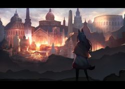 Rule 34 | 1girl, animal ears, backlighting, black hair, building, capelet, colosseum, commentary request, dress, feet out of frame, image sample, imaizumi kagerou, letterboxed, long hair, onion (onion and pi-natto), outdoors, red capelet, scenery, solo, standing, tail, touhou, white dress, wolf ears, wolf tail