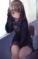Rule 34 | 1girl, arm support, between legs, black sweater, blue sailor collar, blue skirt, blush, brown eyes, brown hair, chair, closed mouth, commentary request, curtains, day, hair between eyes, hand between legs, hand on own face, highres, indoors, long hair, long sleeves, mochi nabe, on chair, original, pleated skirt, sailor collar, school chair, school uniform, serafuku, shirt, sitting, skirt, sleeves past wrists, solo, sunlight, sweater, transparent, white shirt, window, wooden floor
