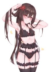 Rule 34 | 1girl, alternate costume, amarisuu, arm behind head, armpits, arms up, bare arms, bare shoulders, black bra, black panties, black thighhighs, blush, bra, breasts, brown hair, bug, butterfly, closed mouth, collarbone, commentary, cowboy shot, english commentary, flower, flower-shaped pupils, frilled bra, frilled panties, frills, garter belt, garter straps, genshin impact, groin, hair between eyes, hair flower, hair flowing over, hair ornament, hair over shoulder, highres, hu tao (genshin impact), insect, lingerie, long hair, looking at viewer, panties, parted lips, red eyes, red flower, red ribbon, ribbon, ribbon bra, ribbon panties, simple background, small breasts, smile, solo, split mouth, standing, stomach, symbol-shaped pupils, thighhighs, thighs, underwear, underwear only, very long hair, white background, yellow butterfly