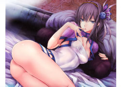 Rule 34 | 1girl, ass, blue eyes, breasts, capcom, cleavage, cleavage cutout, clothing cutout, covered erect nipples, finger to mouth, fingernails, gobul (armor), hair ornament, highres, kizuki aruchu, long fingernails, long hair, lying, monster hunter (series), on side, purple hair, saliva, scan, shirt, small breasts, solo, taut clothes, taut shirt