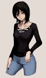 Rule 34 | 1girl, black hair, black nails, black shirt, breasts, collarbone, cowboy shot, denim, grey eyes, head tilt, highres, jeans, looking at viewer, original, pants, parted lips, shirt, short hair, simple background, small breasts, solo, striped clothes, striped shirt, zenroziura